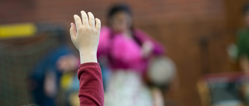 Närbild bakifrån på en skolelev som räcker upp handen.
