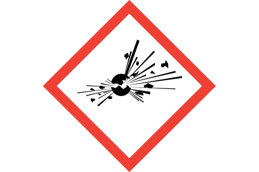 Symbol för explosiv vara, en svart sprängladdning på vit bakgrund med röd ram