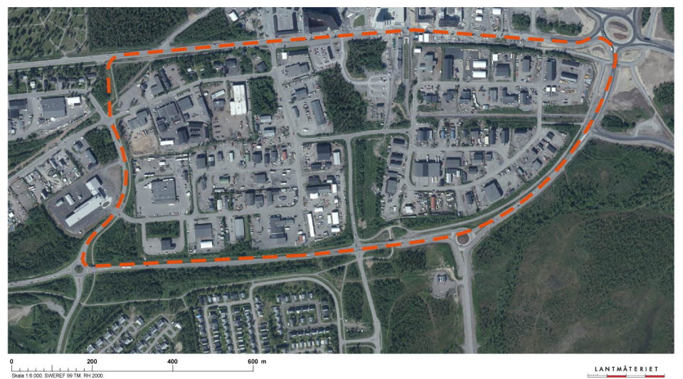 Översikt område planprogram Söder om Malmvägen markerat i rött.