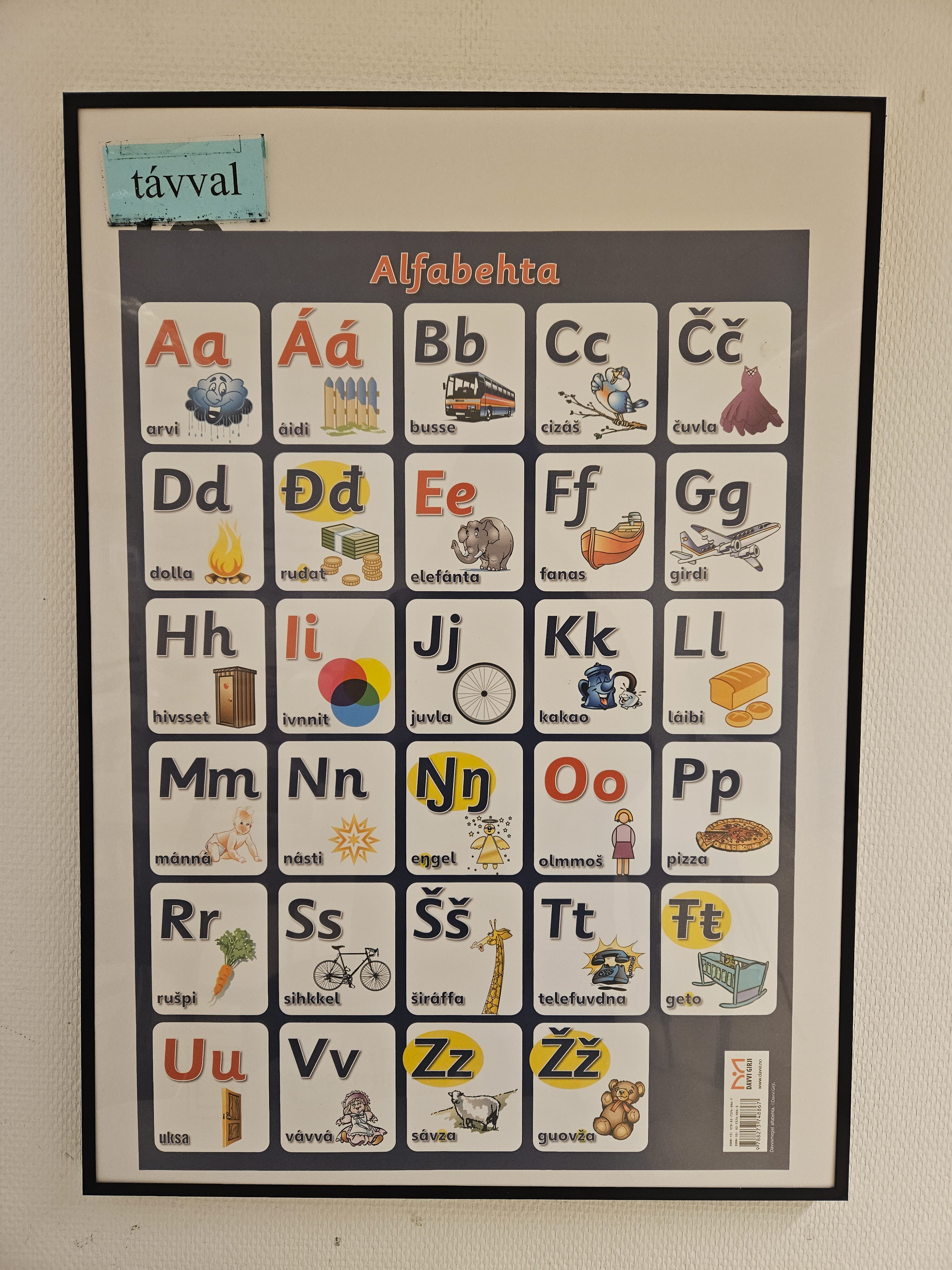Poster from a classroom at the Sámi school showing Sámi letters. Photo: Julie Anhøj Louw