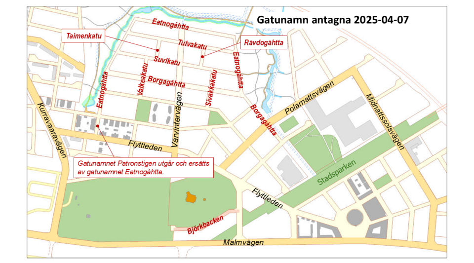 Fotot visar en karta i färgerna grönt, gult och rött med namn på gator. 