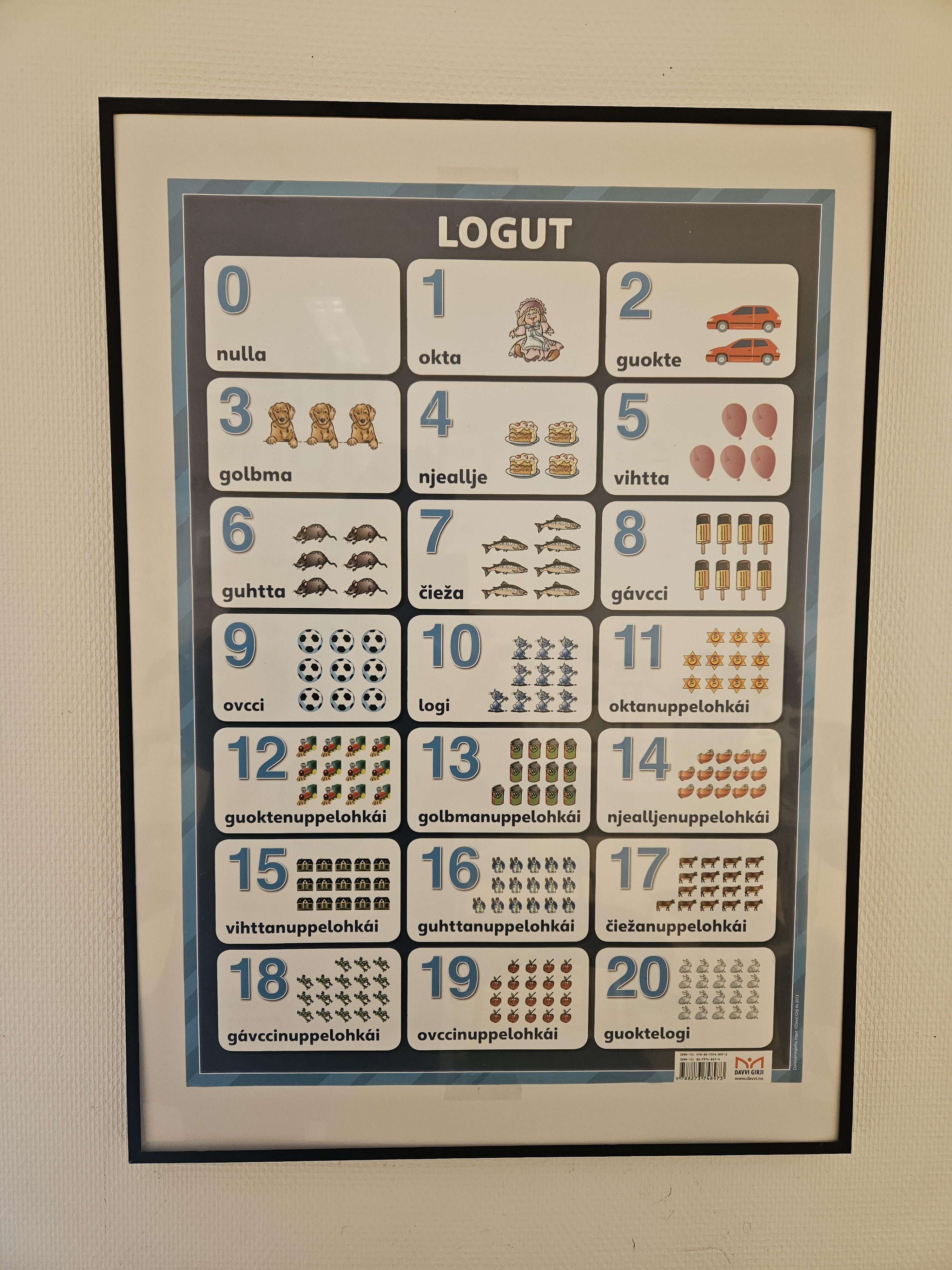 Poster from a classroom at the Sámi school showing Sámi numbers. Photo: Julie Anhøj Louw