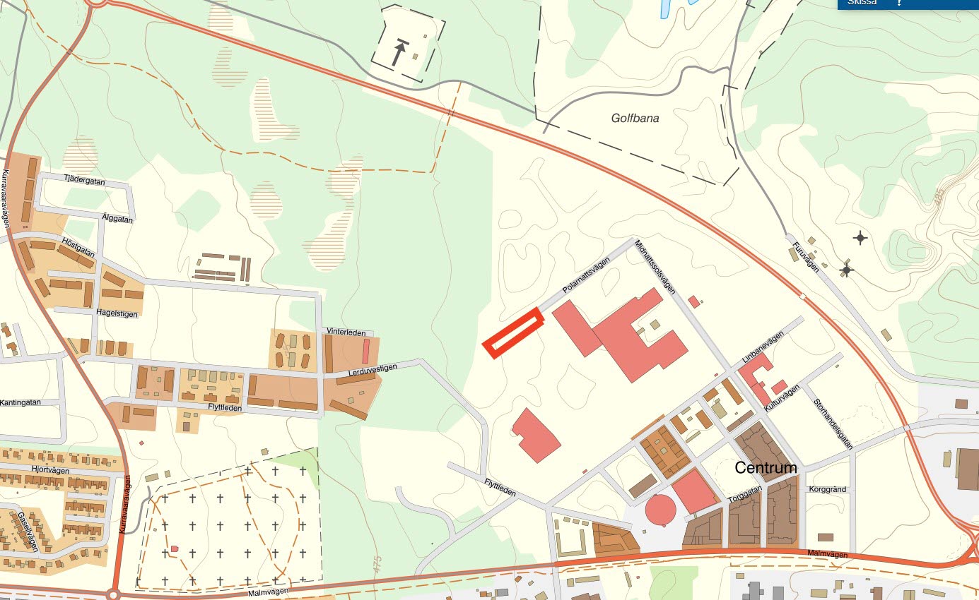Översiktskarta för del av Polarnattsvägen. Planområde inom röd markering.