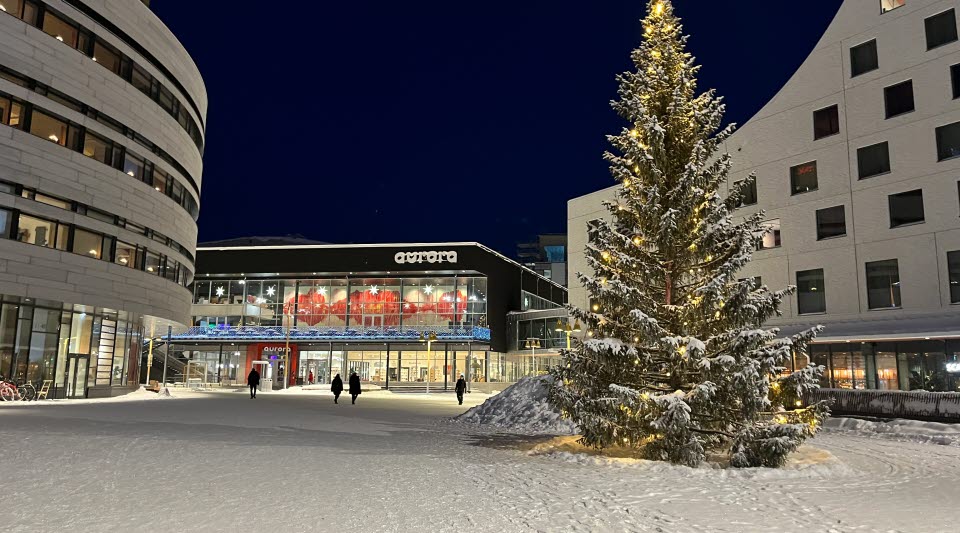 Fotot visar ett snöigt torg med en snöklädd julgran, byggnader på sidorna och personer som promenerar. 