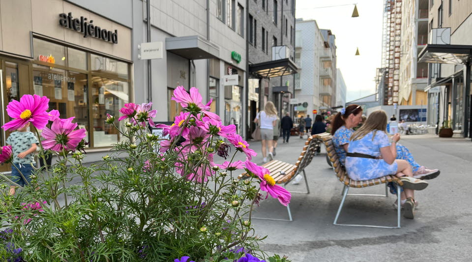 Fotot visar shoppinggatan i stadskärnan med blommor och parkbänkar.