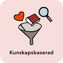 Tecknad bild på en tratt som samlar ihop hjärta, bok och förstoringsglas