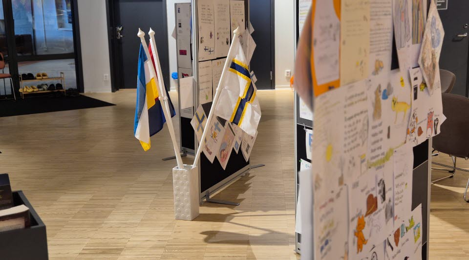 Golvstående skärmar med en utställning för internationella modersmålsdagen.