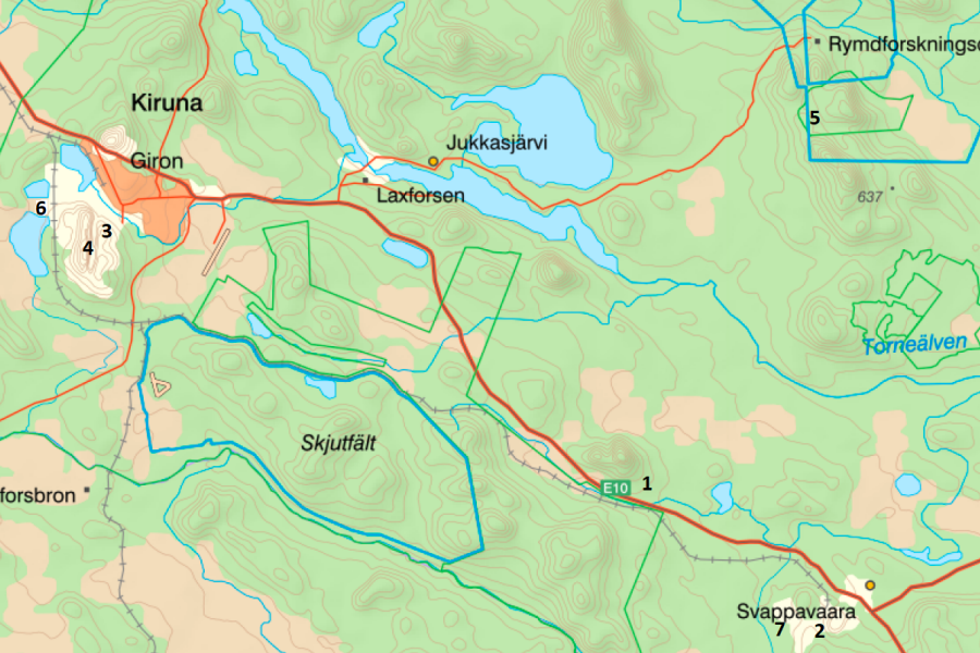 Översiktskarta som visar var det finns seveso-anläggningar i Kiruna, Jukkasjärvi och Svappavaara