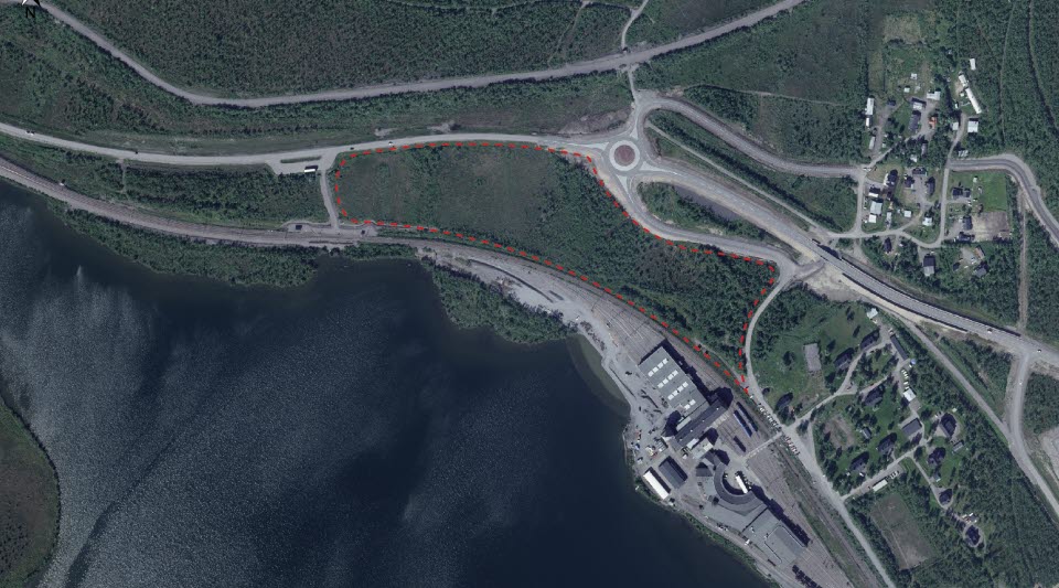 Översikt planområde del av Luossavaara 1:2. Planområdet markerat i rött.