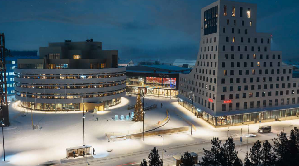 Kirunas nya stadskärna i vinterskrud. Foto: Brightnest