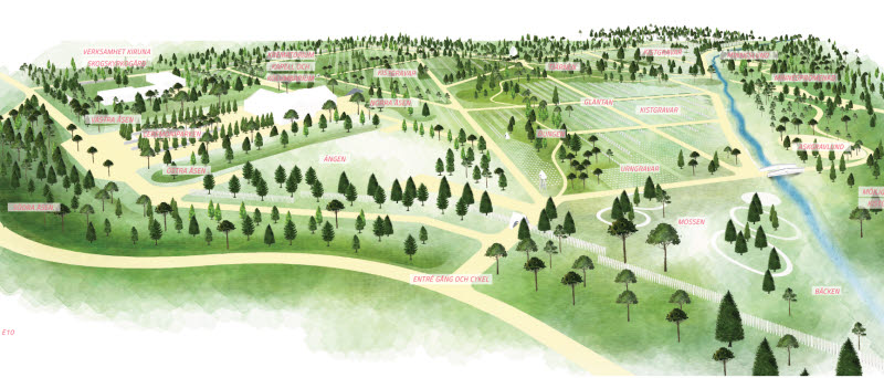 Illustrationen visar en grön karta med träd och namnskyltar
