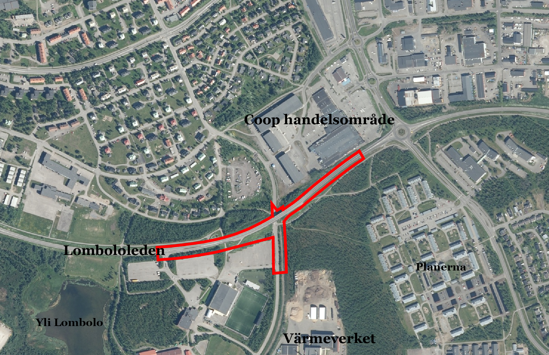 Översiktskarta för del av Bolaget 11:2, Lombolo 12:1, Lombiaviadukten. Planområdet ungefärligt markerat i rött.