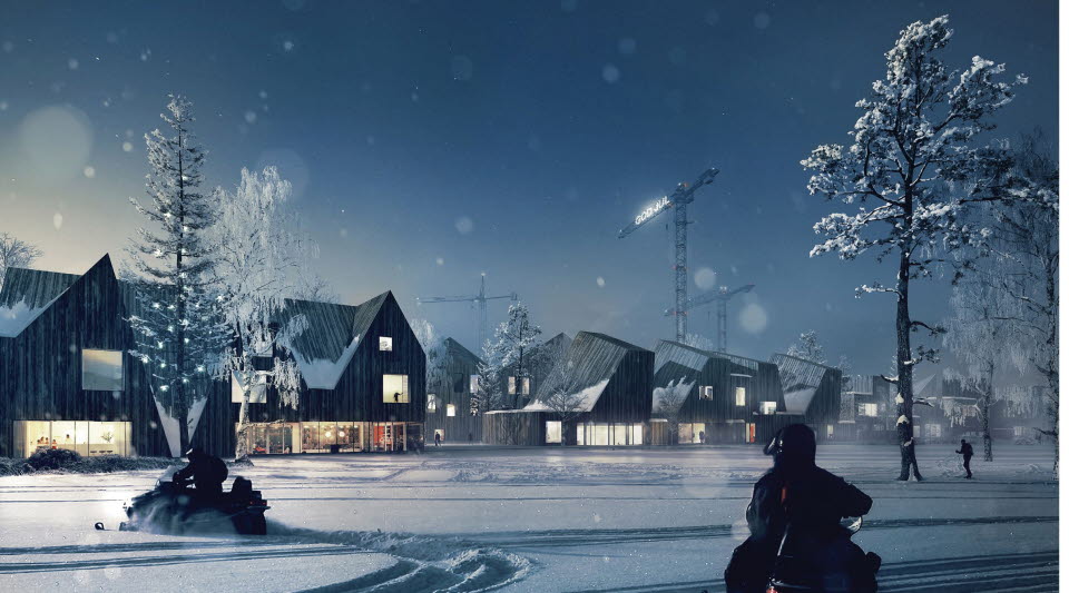 Illustrationen visar ett vinterlandskap med snöskotrar i den nya parken.