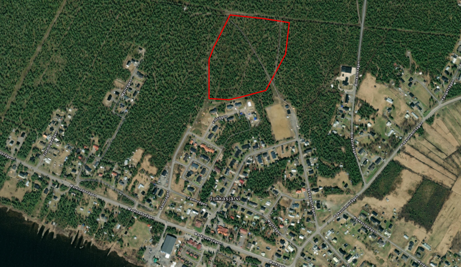 Översikt planområde Jukkasjärvi 4:149 med flera. Planområde ungefärligt markerat i rött.