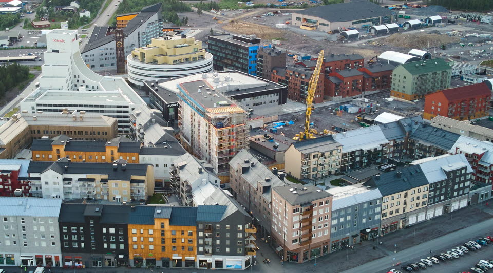 Kiruna centrum sett från luften mot väster.