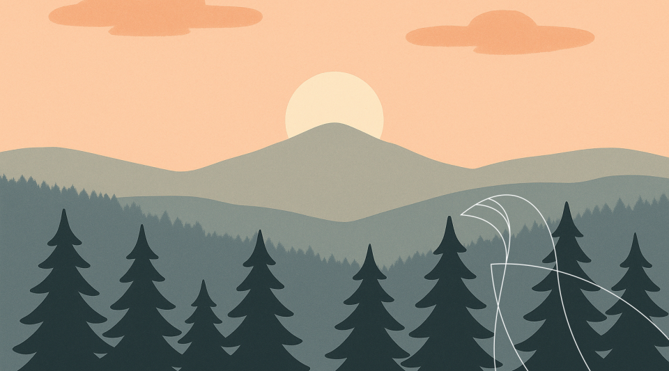 Illustration av skog, berg och himmel med Kiruna kommuns ripa i nedre högra hörnet