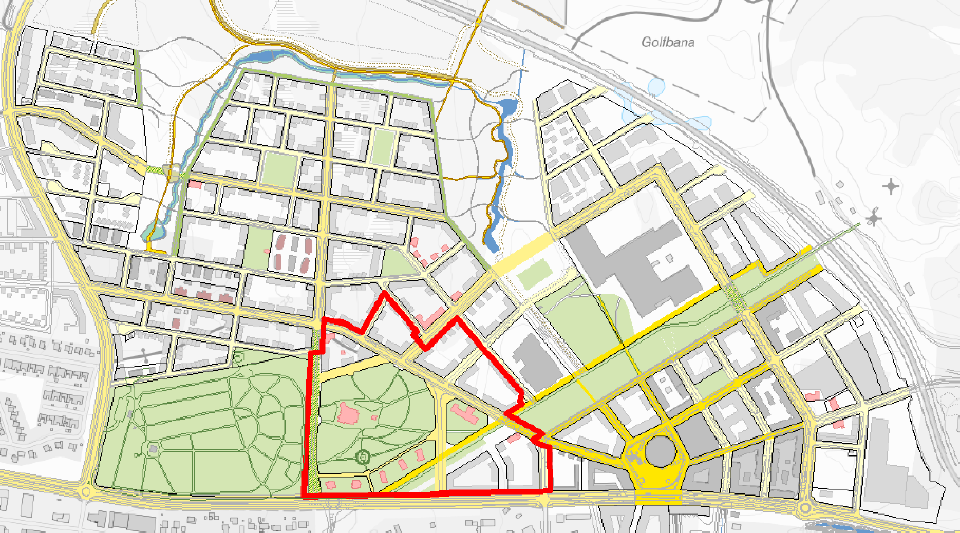 Översiktskarta för del av Tuolluvaara 1:1, tidigare Industrin 9:11 och Jägarskolan 8:4 med flera. Planområdet markerat med rött.