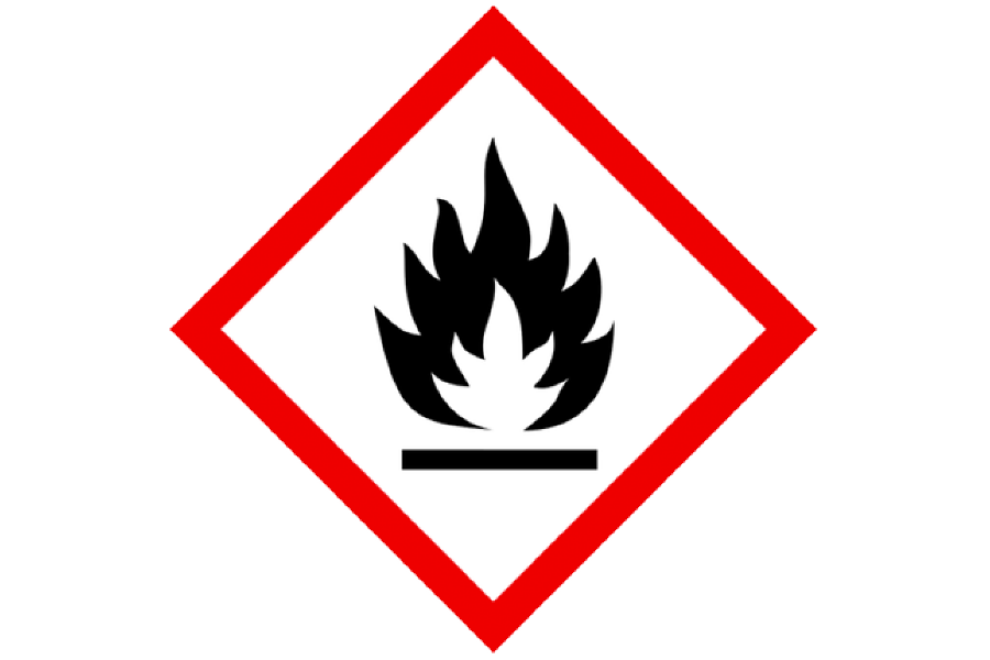 Symbol för brandfarlig vara, en svart eldsflamma på vit bakgrund med röd ram
