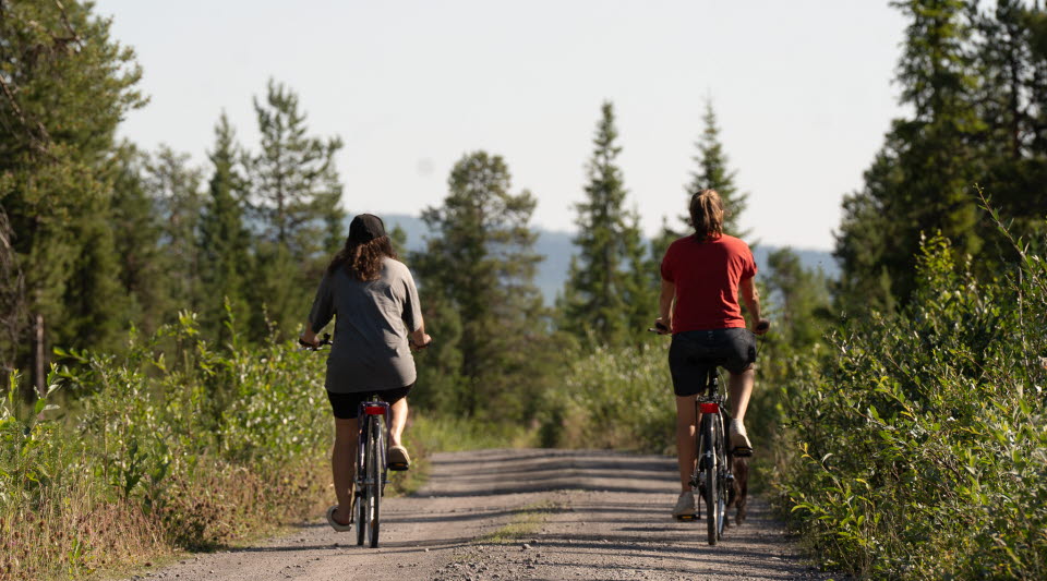 Två personer cyklande efter en grusväg. 