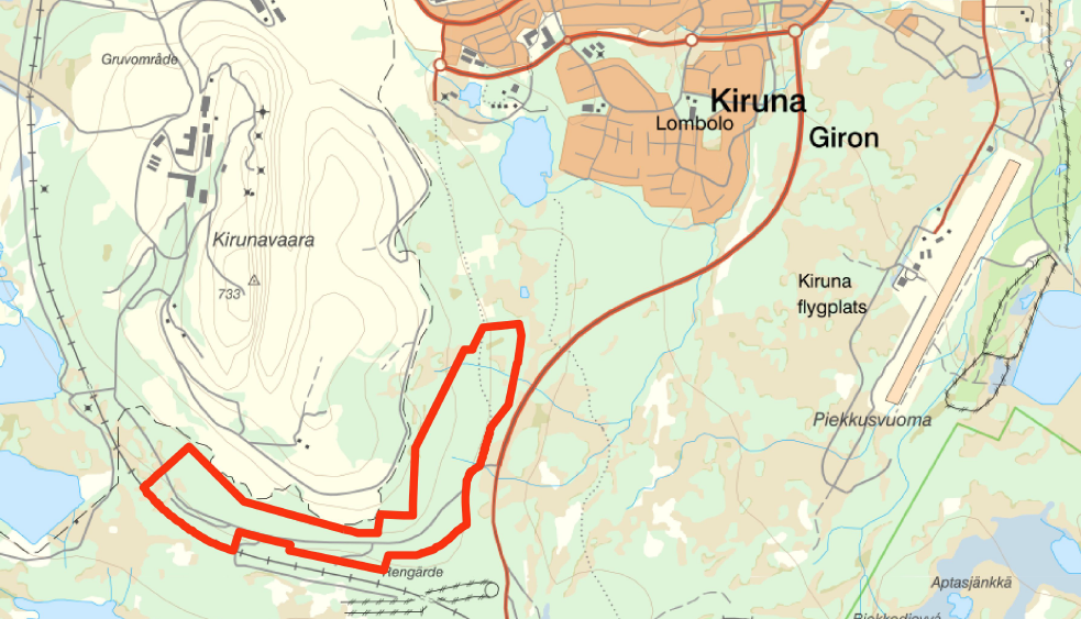 Del av Kiruna 1:1, södra deponiområdet. Planområdet markerat med rött.