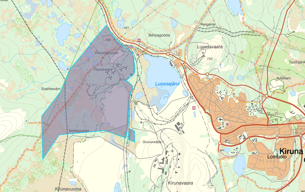 Översiktskarta för del av Kiruna 1:1, Viscariagruvan. Planområde inom blå linje.