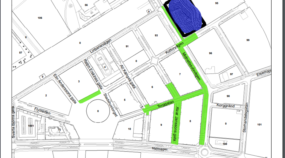 Fotot visar en karta med gator och kvarter med gröna och blå markeringar markeringar. 