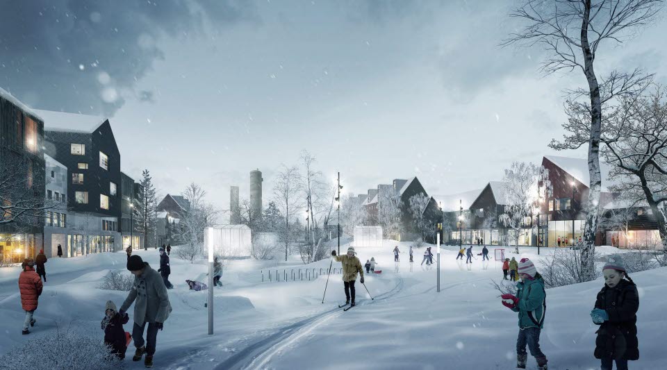 Snöig illustration med bruna upplysta hus på båda sidor och människor som åker skidor och promenerar mitt i bilden.