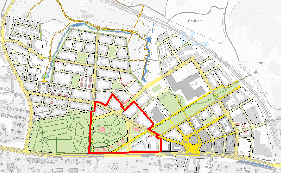 Översiktskarta för del av Tuolluvaara 1:1, tidigare Industrin 9:11 och Jägarskolan 8:4 med flera. Planområdet markerat med rött.