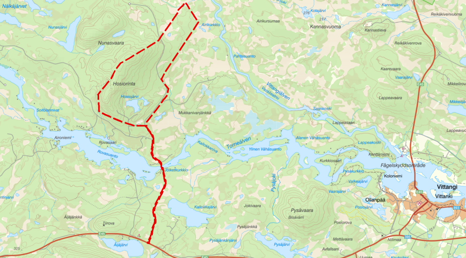 Det föreslagna planområdet ungefärligt inritat i rött