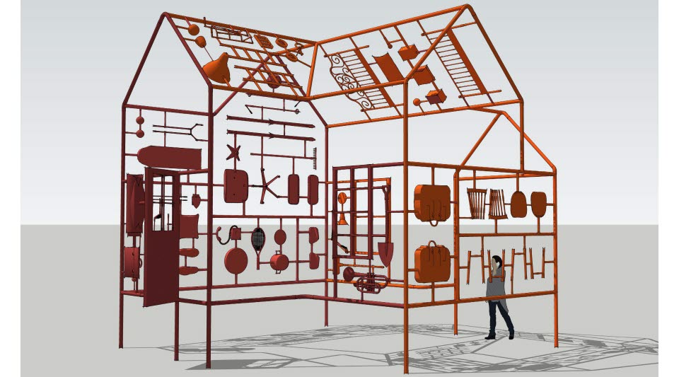 Konceptbild av ett konstverk som föreställer en huskropp som hålls ihop av avgjutna vardagliga föremål