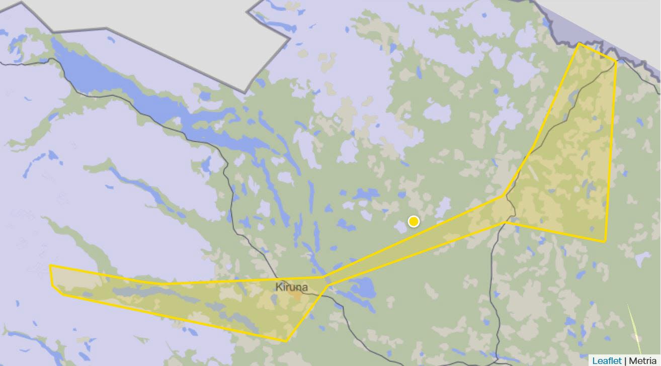 Karta över delar av Kiruna kommun, där ett område är markerat i gult.