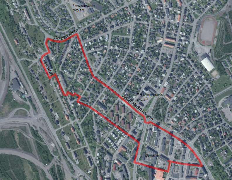 Översiktskarta för Gruvstadspark 4, del av Nedre Norrmalm. Planområdet markerat med röd linje.