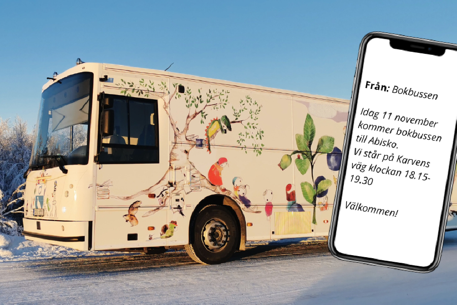 En mobil med en text från sms-tjänsten som bokbussen erbjuder och bokbussen i bakgrunden