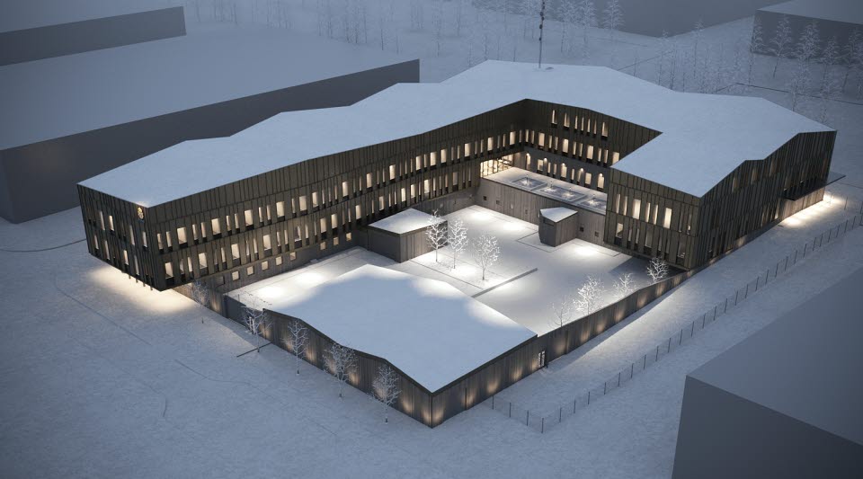 Illustration av en låg, brun byggnad med snö runt omkring. 