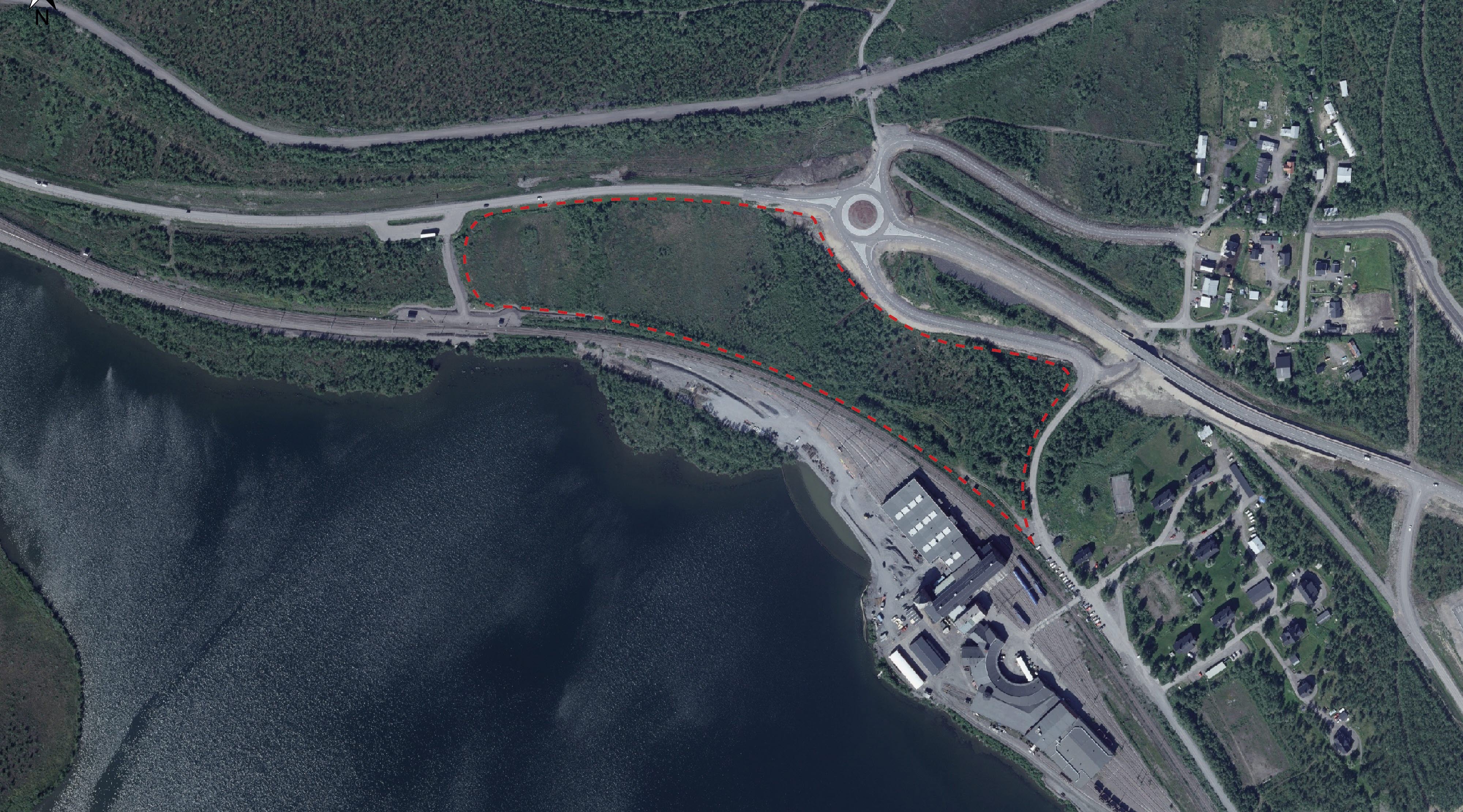 Översikt planområde del av Luossavaara 1:2. Planområdet markerat i rött.