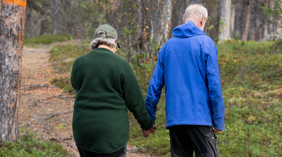 Äldre par som går hand i hand genom skogen