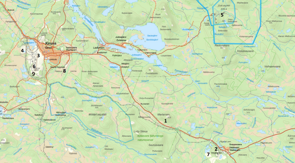 Kart över riskanläggningarna i Kiruna kommun.